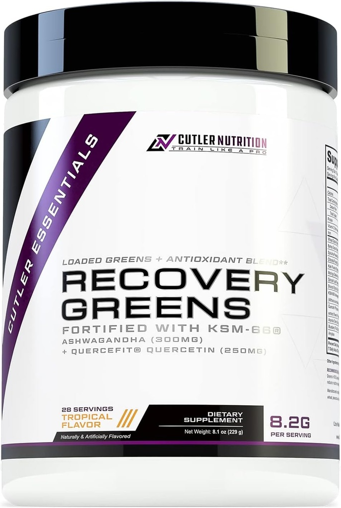 Cutler Essentials Recovery Greens Premium Superfood Drink with Recovery Ingredients ← KSM-66 Ashwagandha, Quercetin  sometida Antioxidants to Promote Focus and Natural Energy ← Tropical Flavor, 28 Servings