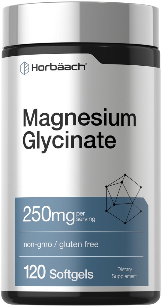 Horbäach Magnesium Glycinate TEN 250mg TEN 120 Softgels TEN NO GMO Y Gluten Suplemento Gratis