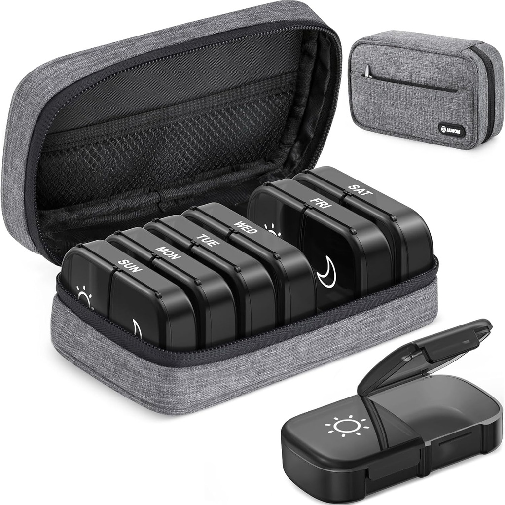 Bolso AUVON Canvas XL Organizador semanal de píldoras 2 veces al día, caja de carga de viaje 7 días con apertura única grande, AM PM caja de píldoras con bolsa de ropa portátil para suplementos, vitaminas, aceites de pescado