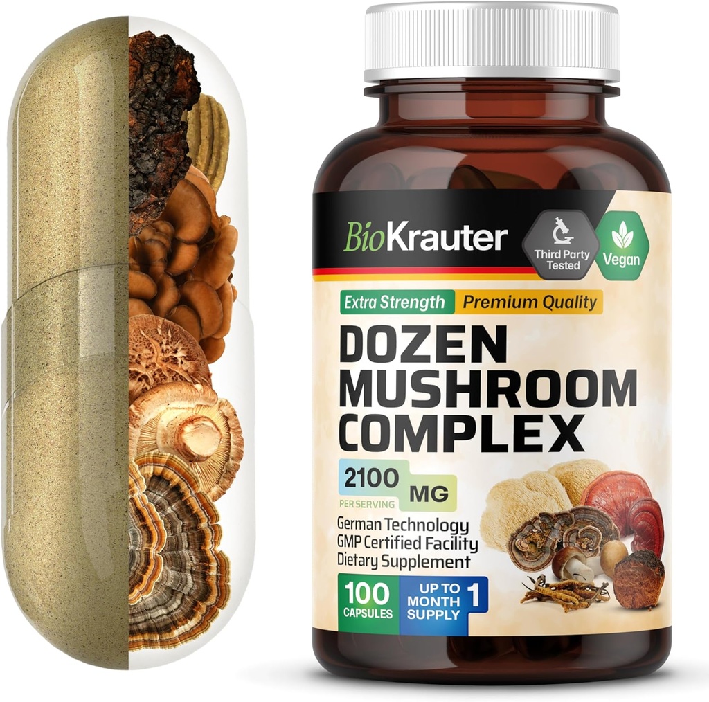BIO KRAUTER Dozen Mushroom Complex Capsules 2100 mg Blend - 100 Vegan Caps - 12 Extractos en One Mushroom Suplemento para Immune Support - Lions Mane, Reishi, Cordyceps