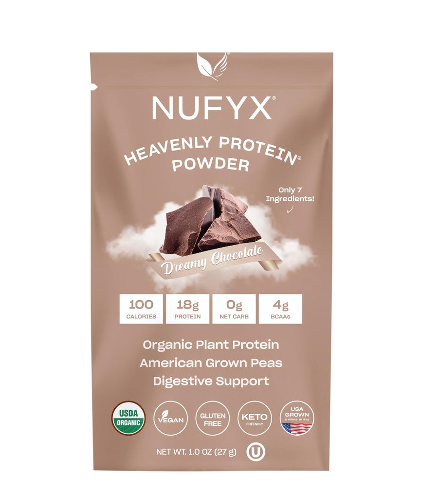 NUFYX® • Pólvora Skyly Protein® • Púrpura ecológica mundial 100% ecológica americana • Vegan • Gluten Gratis • Carb bajo (Chocolate de Dreamy, Packet)