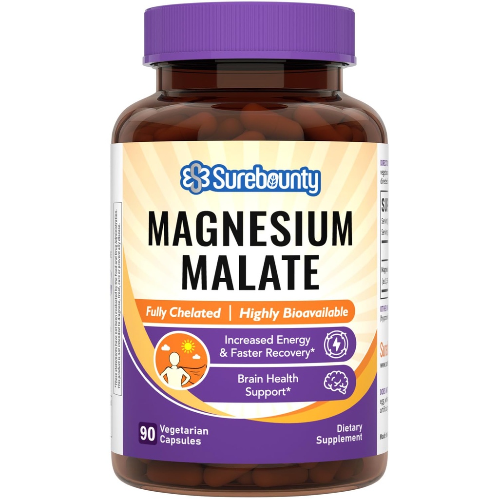 Magnesium Malate Capsules 410mg, Suplemento Magnesio, Chelated, Alta Absorción, Producción Energética " Apoyo a la Contracción, Mineral para Niños, Adolescentes y Adultos, 90 cápsulas Vegan