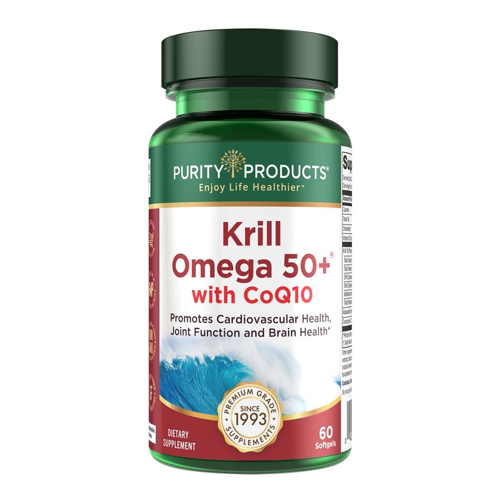 Krill Omega 50 Plus w / CoQ10 de productos de pureza - 1300mg Krill Oil and Fish Oil Blend - 100mg CoQ10 - 500mg Natural Astaxanthin - Soporte para articulaciones, salud cerebral y más - 60 Mini Softgels