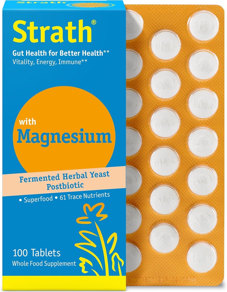 Strath with Magnesium Herbal Yeast Postbiotic 100 Tablets ← Soportes Immune Función Silencio Promociona Wellness ¦ Non GMO TEN Gluten Free TEN Sugar Free TEN Vegan ANTE Kosher