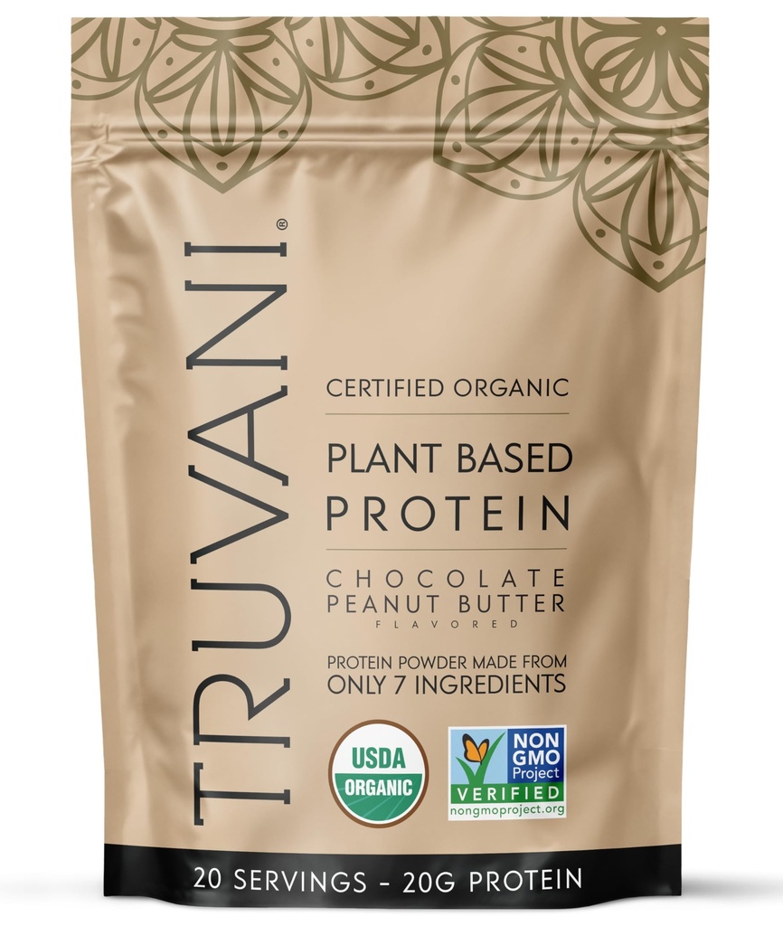 Truvani Vegan Pea Protein Powder ← Chocolate Mantequilla de maní tóxico 20g Orgánica Proteína basada en plantas tóxicas 20 Servimientos Silencioso TENIDO Gluten " Dairy Gratis Silencio Bajo Carb Silencio No Añadido Sugar