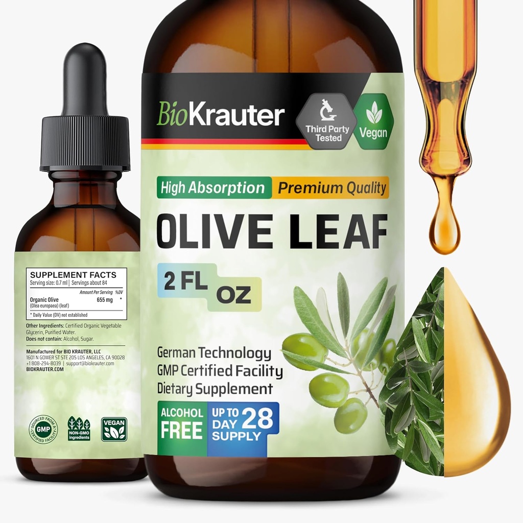 [BRSROGAYC4IRA2DD] BIO KRAUTER Olive Leaf Extract Liquid - Olive Leaf Tincture for Immune Support - Alcohol and Sugar Free - Vegan Drops 2 Fl.Oz.