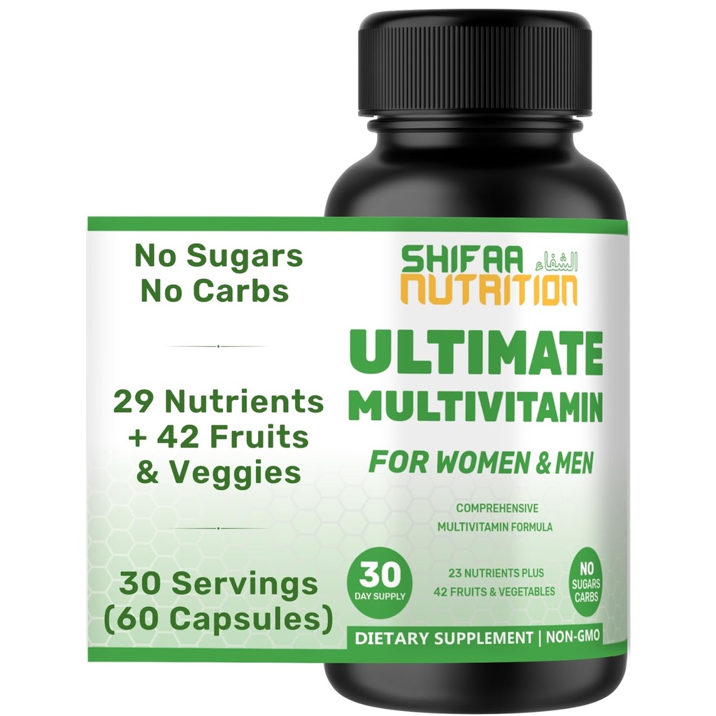 SHIFAA NUTRITION Halal Multivitamins for Women, Men ' Adults, 30 Servings ¦ Iron, Vitamina A, B6, B12, Biotin, Niacin, C, D3, E, Zinc, Calcium, Folic Acid, CoQ10 ← Halal Vitamins