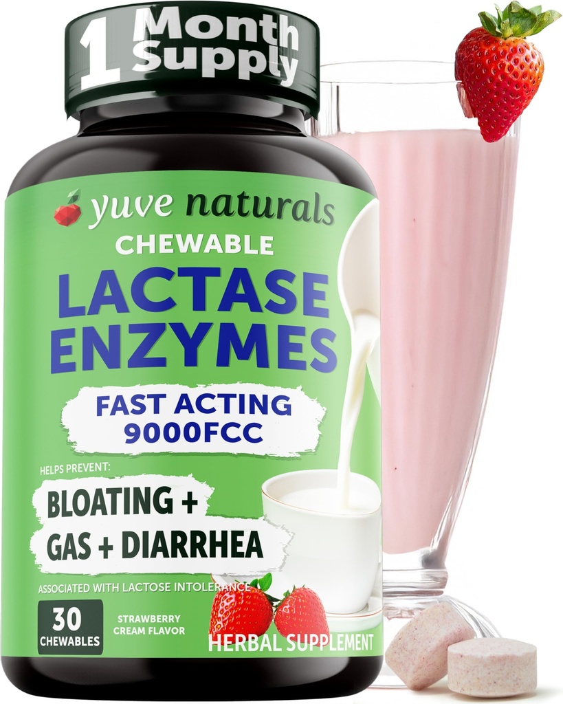 Yuve Natural Fast Acting Dairy Relief Delicious Chewables - Lactase Enzyme 9000 FCC - Di adiós a Dairy Discomfort de Lactose Intolerance - Strawberry Cream Flavor - 30ct