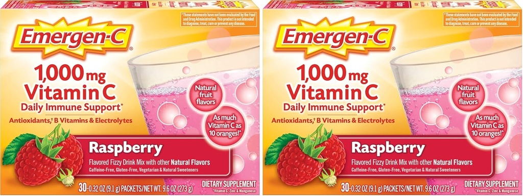 Emergen-C (30 conde, sabor a frambuesa, 1 mes de suministro Suplemento dietético mezcla de bebidas con 1000 mg de vitamina C, 0.32 paquetes onzas, cafeína libre (Pack of 2)