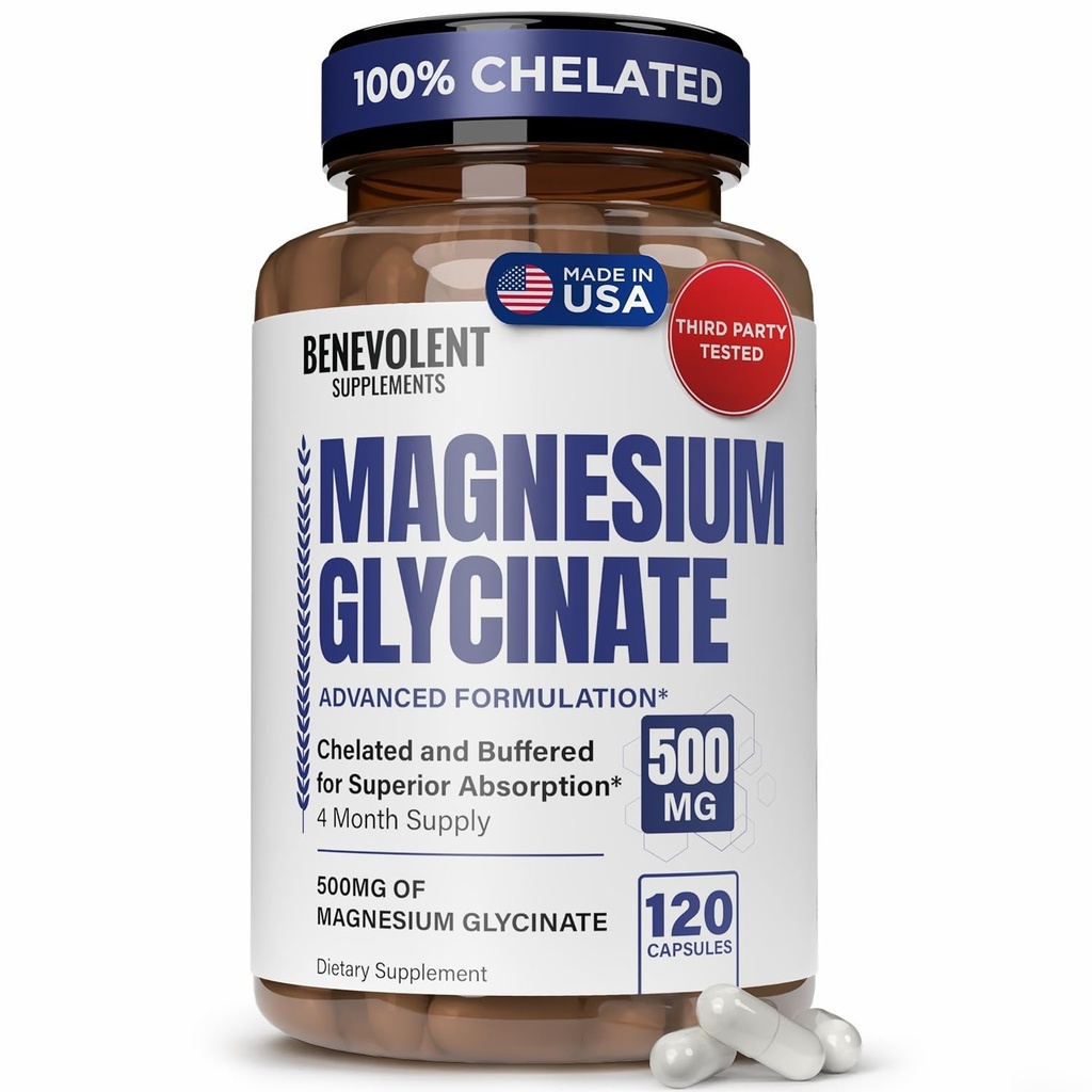 Magnesium Glycinate 500mg - Chelated &amp; Buffered High Absorption Magnesium Supplement to Support Stress Relief, Digestion, Bone, Sleep, Nerves & Muscle Health - Made in USA - 120 Vegan Capsules