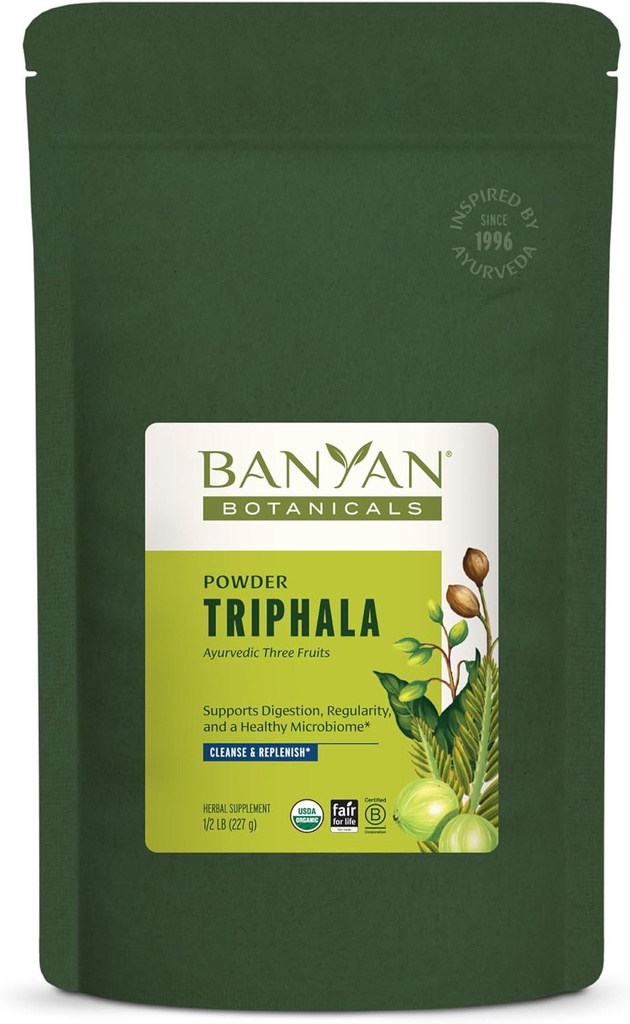 [BRSWIZYMBIBG2AYZ] Botánicos de Banyan Triphala Powder - Suplemento de Digestión Orgánica con Amla, Haritaki & Bibhitaki - Digestión, Soporte Colón & Microbioma de Gut Saludable* – 1/2 lb – No GMO Fuente sostenible Vegan