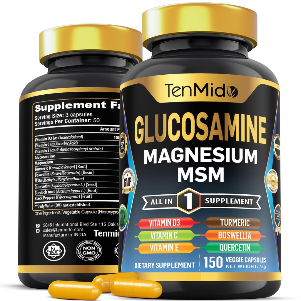 Glucosamine MSM Suplemento para Hombres y Mujeres - 11in1 Fórmula - Combina con Magnesium, Turmeric, Boswellia, Quercetin, Burdock Root, y Más Silencio Conjunto &amp; Apoyo a la Movilidad - 150 cápsulas