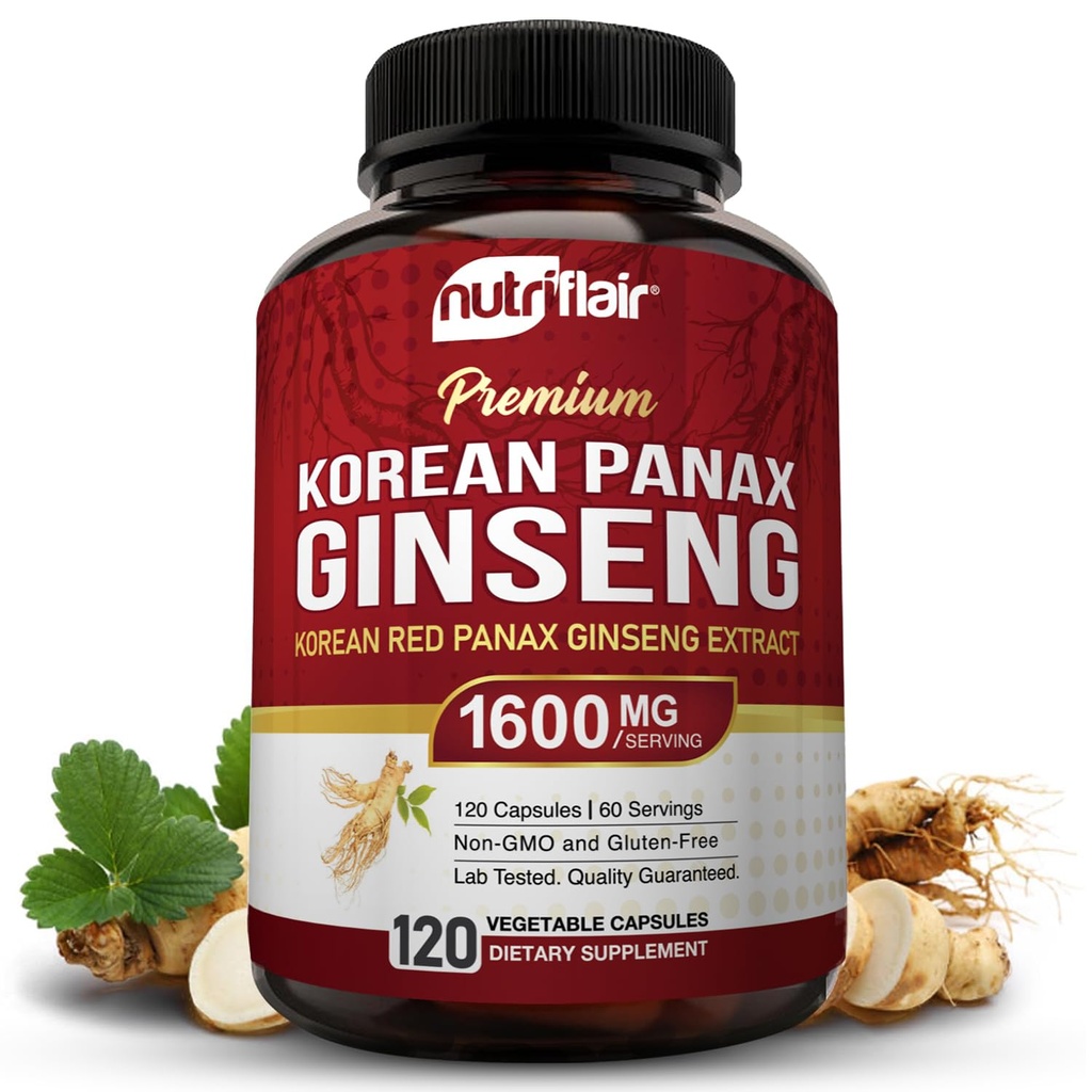 NutriFlair Coreana Red Panax Ginseng 1600mg – 120 Vegan Capsules  5% Ginsenosides ← Non-GMO, Gluten-Free ← Energía natural y apoyo en foco Silencio Made in USA
