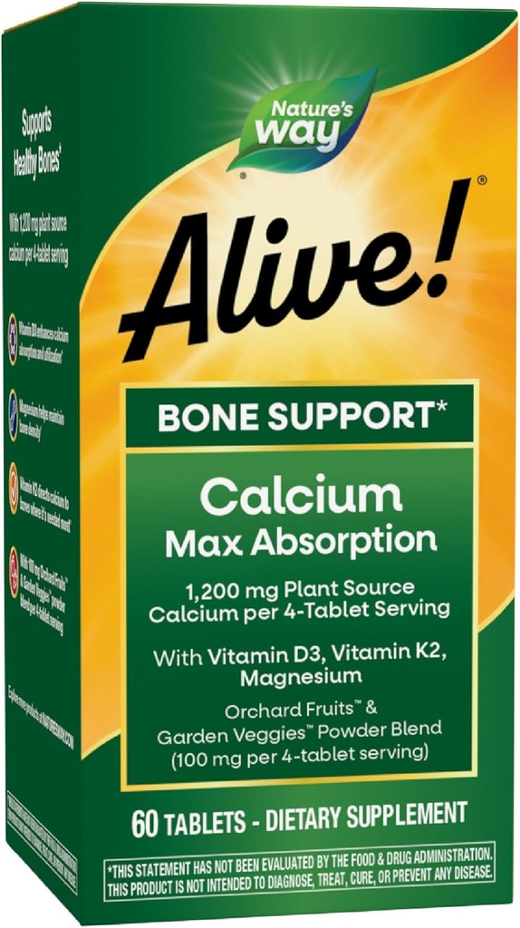 ¡La naturaleza está viva! Calcio Max Absorción, Calcio de Fuente de Planta, Vitamina D3 & K2, Magnesio, Soporte de Hueso*, 60 Tabletas (Paquete Mayo Vary)