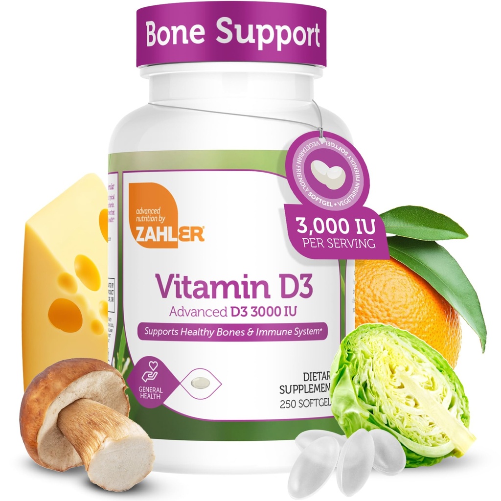 Zahler Vitamina D3 3000IU, Vitamina D3 Suplemento 3000 UI, Certified Kosher (250 Softgels)