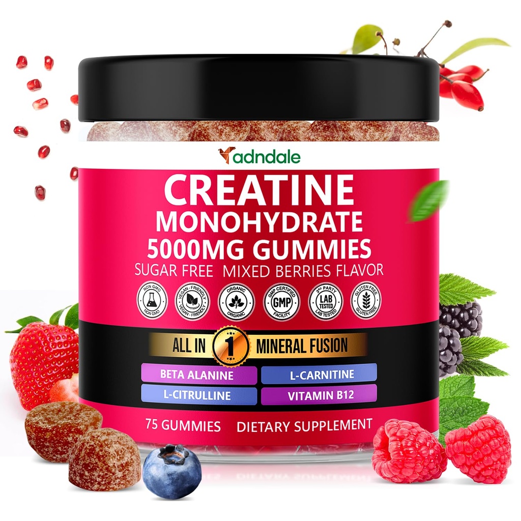 Adndale Creatine Monohydrate Gummies for Men &amp; Women, 5000mg por Serving Creatine Supplement with Beta-Alanine, L-Citrulline &amp; B12 - 75 Vegan Gummies. Libre de azúcar
