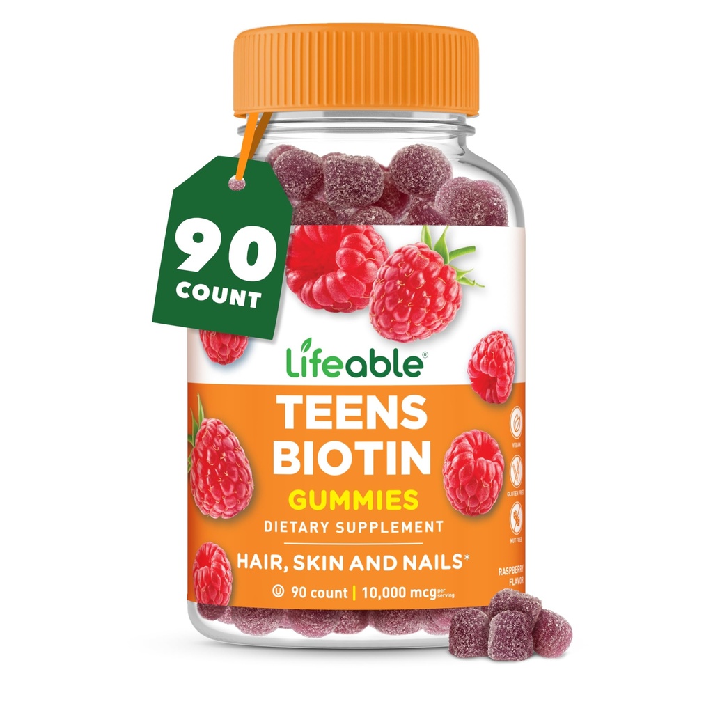 Adolescentes vitales Biotina 10000mcg Gummies ← Vitamina B7 ← Vegan Biotina Suplemento TEN Gran Tasting Biotina Gummies for Hair Growth, Healthy Skin and Nails ← Vitaminas Biotina para Adolescentes