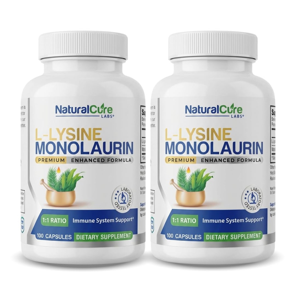 L-Lysine + Monolaurin 600mg 1:1 Ratio, 2 Pack, 200 cápsulas