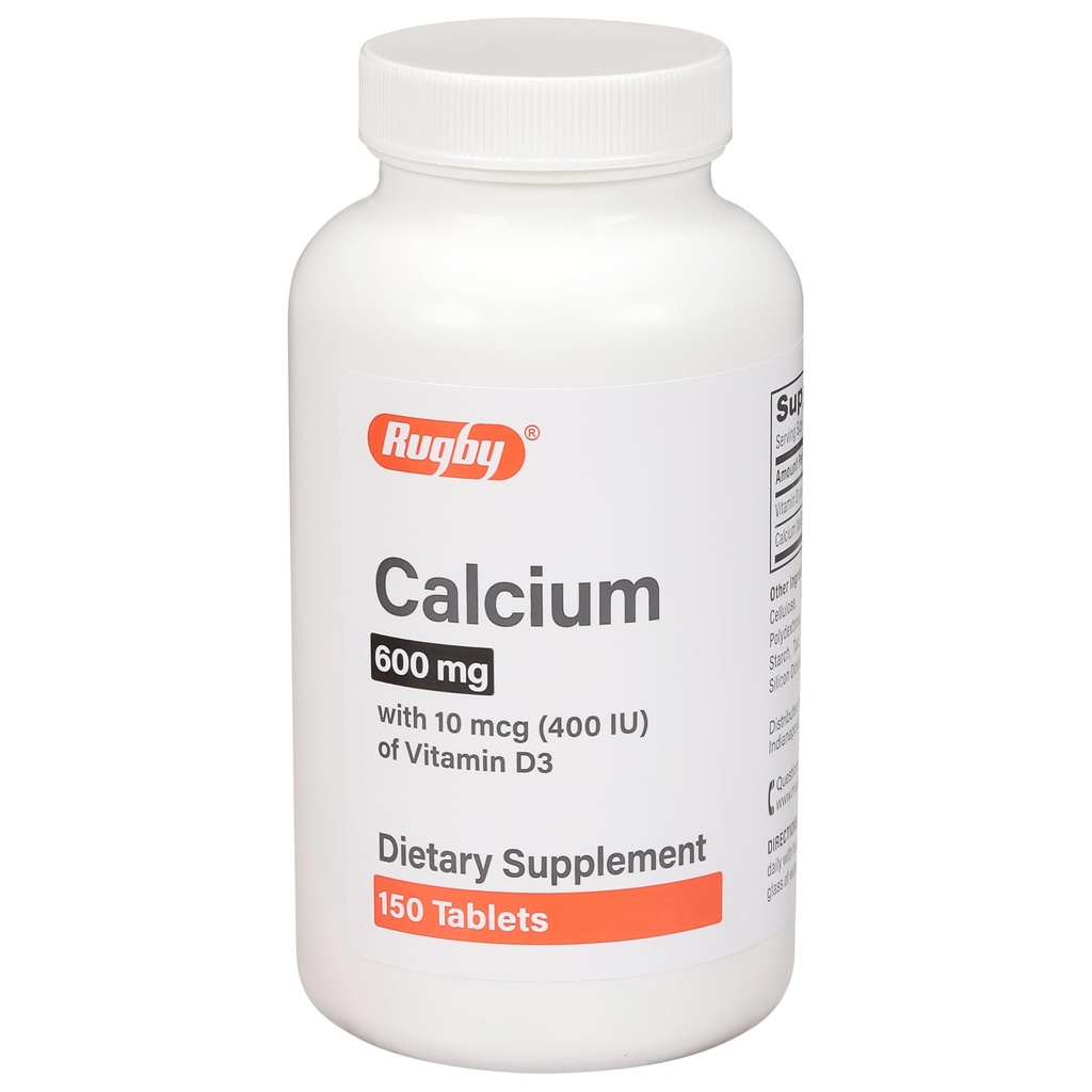Rugby 600 mg Calcio Tabletas - Hecho con 10 mcg (400 UI) de vitamina D3 - Suplemento dietético - 150 Tabletas