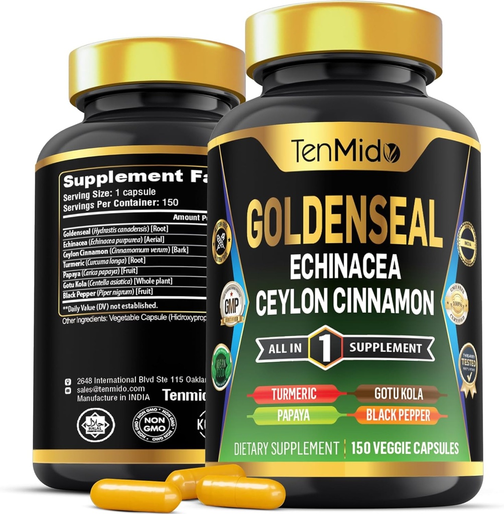 Goldenseal Root Suplemento - 7in1 Fórmula - Combina con Echinacea, Ceylon Cinnamon, Turmeric, Papaya, Gotu Kola & Black Pepper - Asistencia sanitaria digestiva - 150 cápsulas para 5 meses de suministro