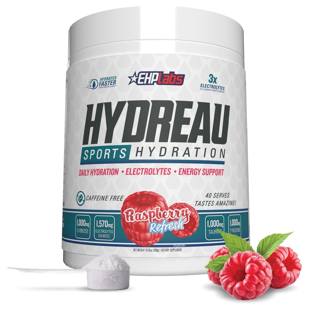 EHP Labs Hydreau Electrolytes Powder No Sugar - Hidration Powder for Endurance & Energy - Electrolyte Powder for Men &amp; Women - Sugar Free Electrolytes - Raspberry Refresh (40 Serves)