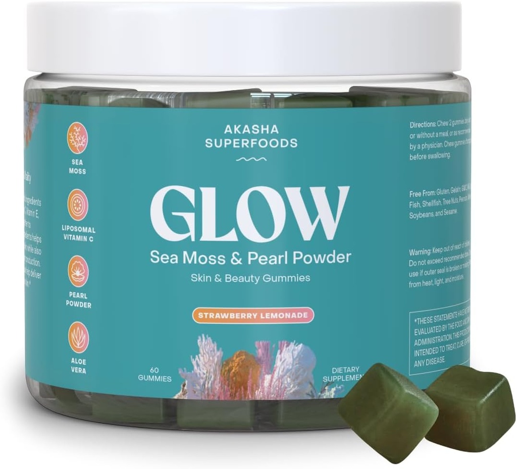 Mar Moss Glow Gummies, Pelo, Piel & Nails Vitaminas con Seamoss, Perla Polvo, Vitamina E, Aloe Vera, Liposomal Vitamina C, y Irlandés Moss, Gummies for Women & Men, 60 Condes