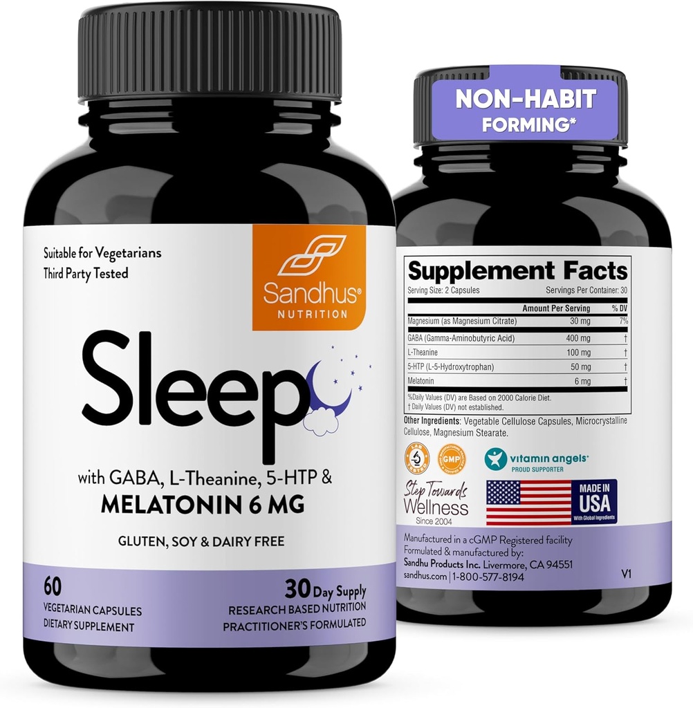 Sandhu sueño 60 cápsulas –No-Habit formando 5-en-1 suplemento de ayuda para dormir con Melatonina, Magnesio, GABA, L-Theanine & 5-HTP