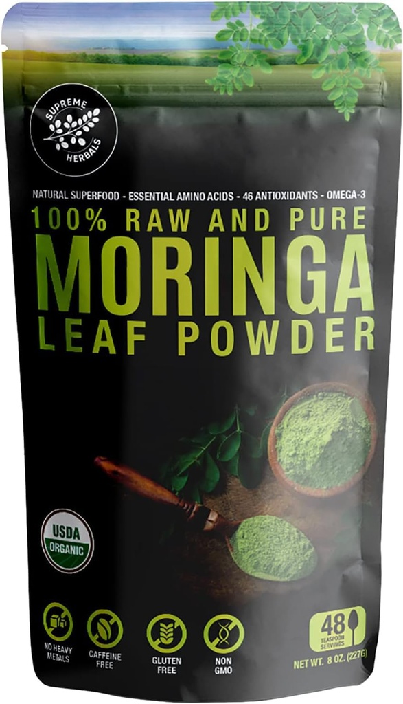 100% Raw y Pura Moringa Leaf Powder. Hoja de Moringa certificada orgánica. Superalimentos naturales con ácidos esenciales, antioxidantes y Omega 3, 8 oz bolsa sellable.