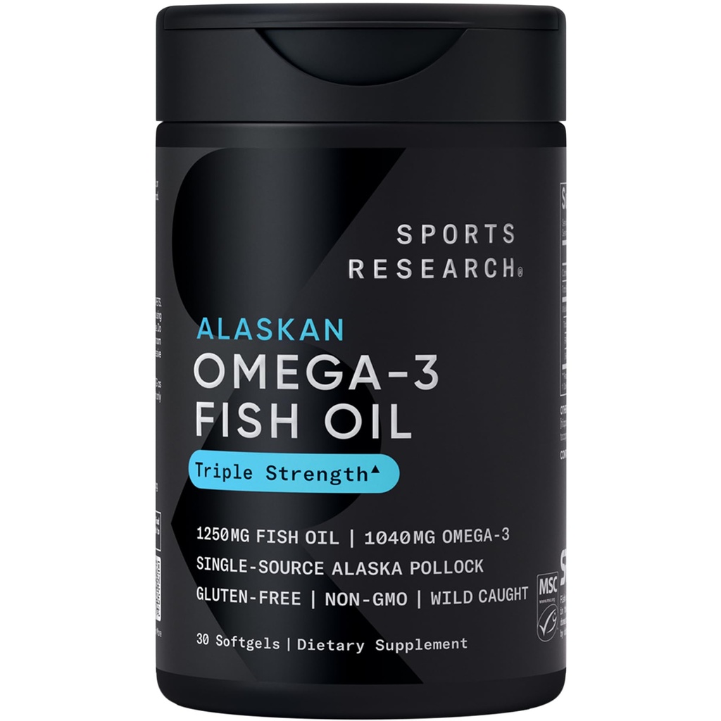 Sports Research Triple Strength Omega 3 Fish Oil 1250mg de Wild Alaskan Pollock - Burpless Fish Oil Suplemento con Omega-3 EPA & DHA - Fuente sostenible, No GMO, Gluten Free - 30 Softgels