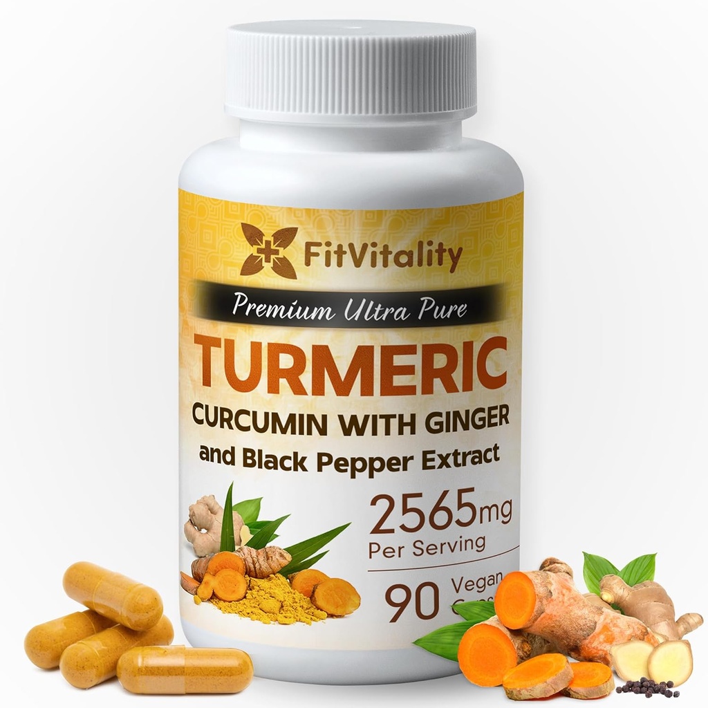 Curcumina Turmérica 2565 mg, 90 cápsulas, 95% Curcuminoides " Extracto Pepper Negro BioPerino, Suplemento Turmérico de Fuerza Extra, Todos Naturales " No - GMO, Sin gluten, Cápsulas Veganas