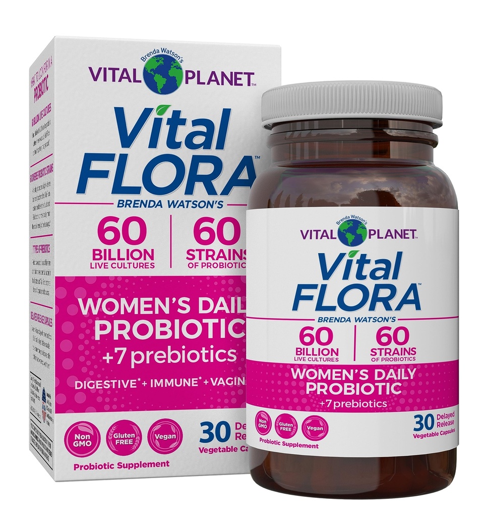 Vital Planet - Vital Flora Femenino Probiótico 60 Billones CFU, 60 Strains Diversos, 7 Prebióticos Orgánicos, Apoyo Vaginal e Inmunitario, Bloating, Probióticos de Salud Digestiva para Mujeres 30 cápsulas