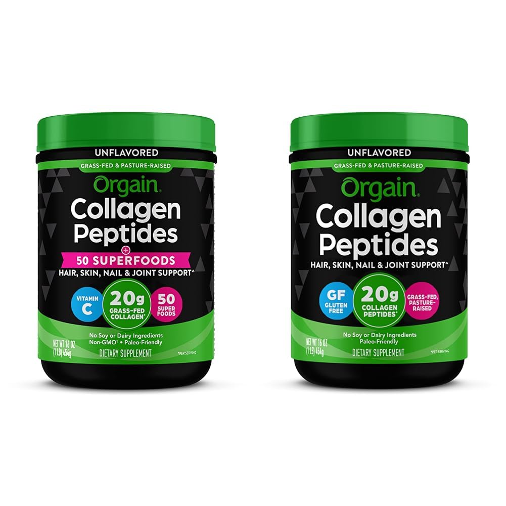 Orgain Hidrolyzed Collagen Powder + 50 orgánicos Superalimentos, 20g Grass Fed Collagen Peptides & Hydrolyzed Collagen Peptides Powder, 20g Grass Fed Collagen - Pelo, Esquí, Nail &amp; Joint