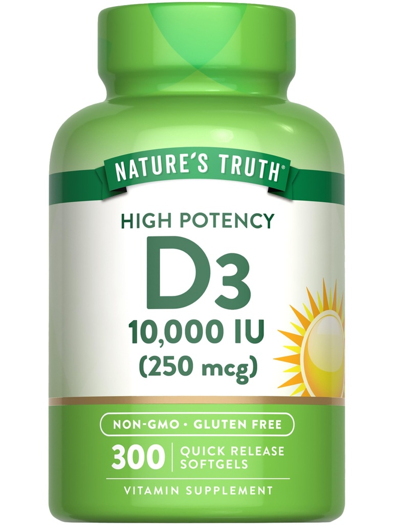 La verdad de la naturaleza Vitamina D3 10000 UI Softgels tención 300 Cuenta  sometida Extra Strength ← No Gluten Suplemento gratuito