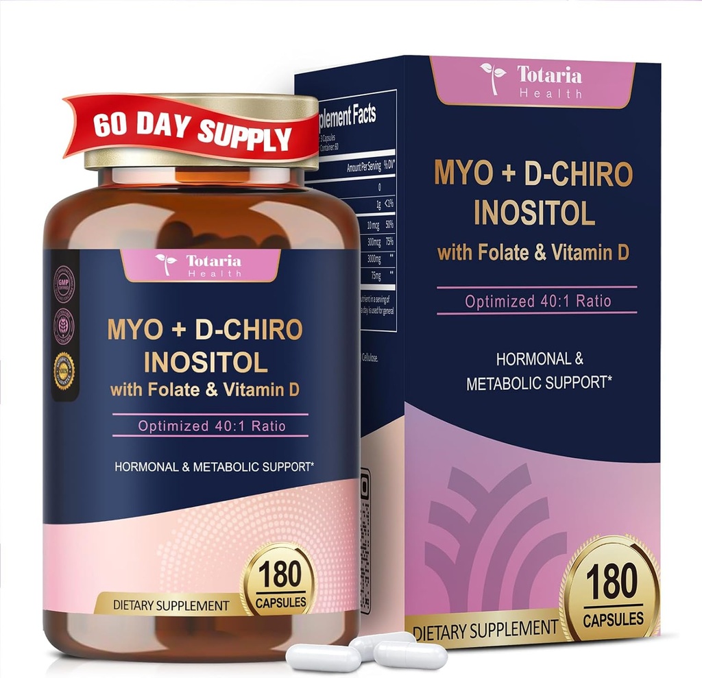 Suplemento de Inositol para Mujeres con Vitamina D3, Folate, 40:1 Complejo de Inositol de Ratio Myo-Inositol & D-Chiro Inositol (Vitamin B8) Capsules de Inositol, 180 Capsules, 60 Serviciones, 2 Mes de Suministro
