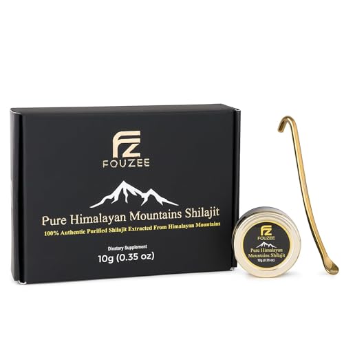 FOUZEE Pure Himalayan Mountains Shilajit - 77% + Fulvic Acid Authentic Hard Consistency, Natural Source of Fulvic Acid, Over 85 Trace Minerals, Incluye Spoon de acero inoxidable (10 Grams)