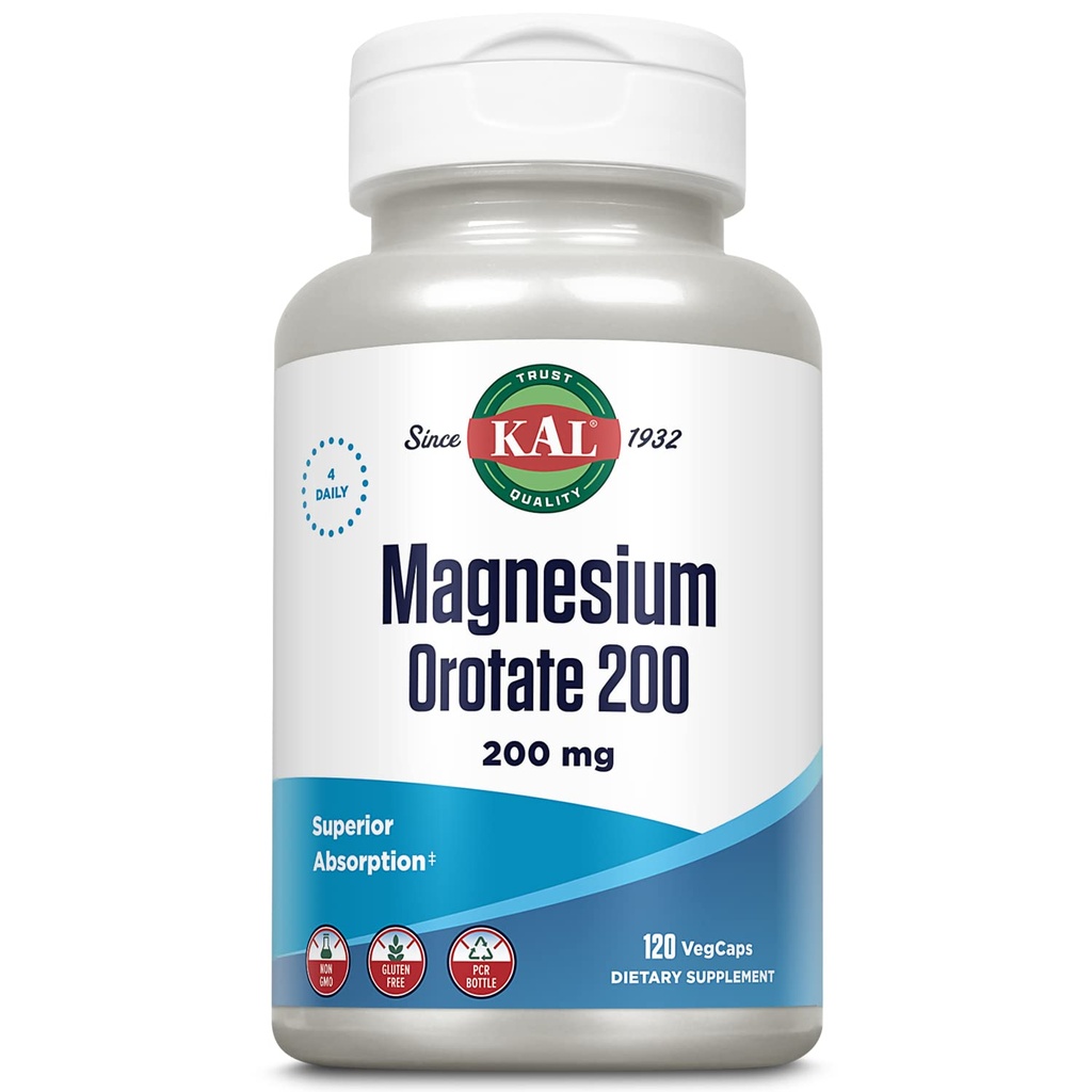 KAL Magnesio Orotate 200 mg, Fórmula Superior de Absorción, Magnesio Chelatado para Huesos Saludables, Dientes, Nerve y Función Musculo, Vegetariano, No GMO, Gluten Gratis, 30 Serviciones, 120 VegCaps