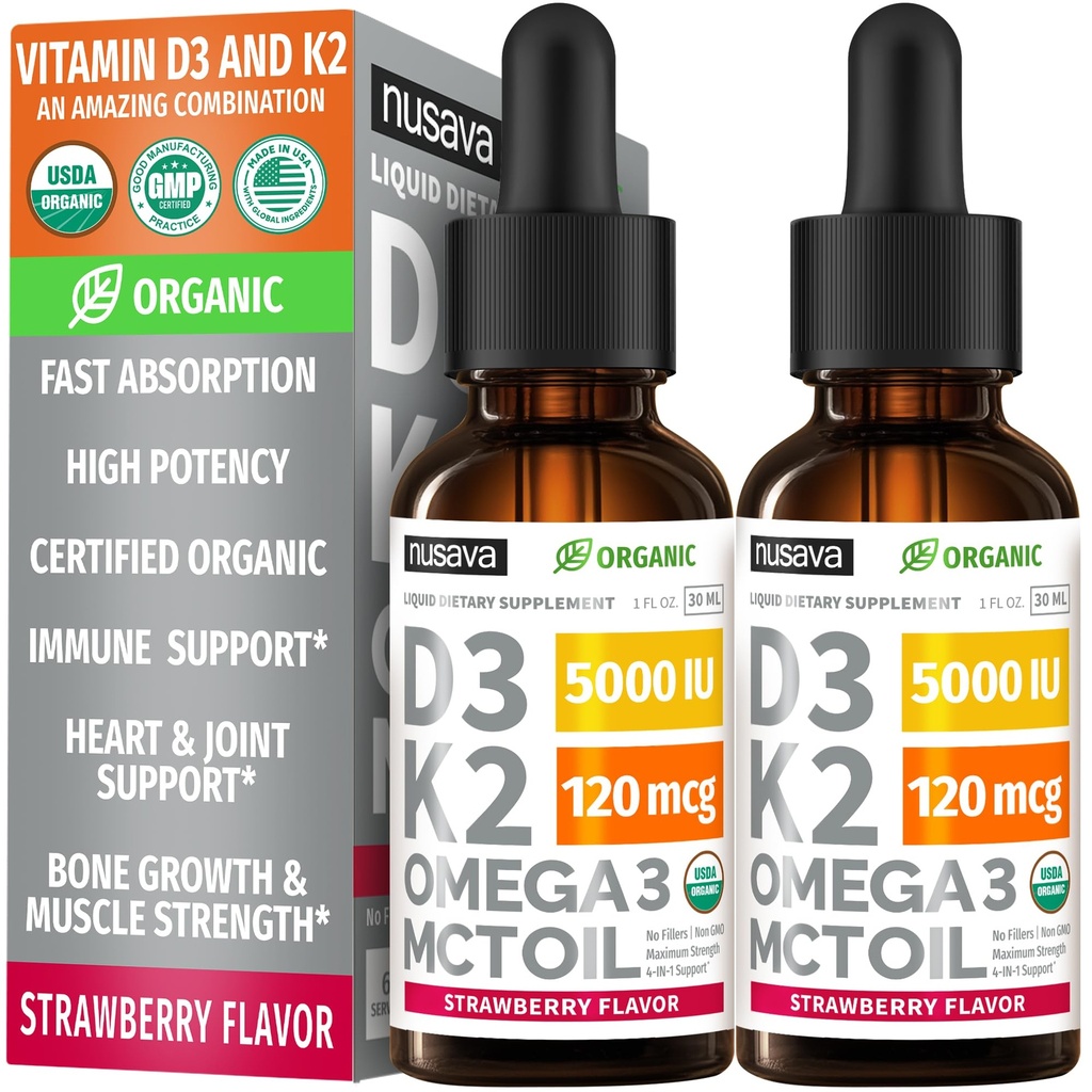 (2 Pack) Vitamina Orgánica D3 K2 gotas 5000 UI con MCT Oil Omega 3 - Maximum Strength Liquid D3 with No Fillers, Non-GMO for Faster Absorption, Immune Support (Strawberry, 2 Fl Oz)