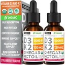 (2 Pack) Vitamina Orgánica D3 K2 gotas 5000 UI con MCT Oil Omega 3 - Maximum Strength Liquid D3 with No Fillers, Non-GMO for Faster Absorption, Immune Support (Strawberry, 2 Fl Oz)