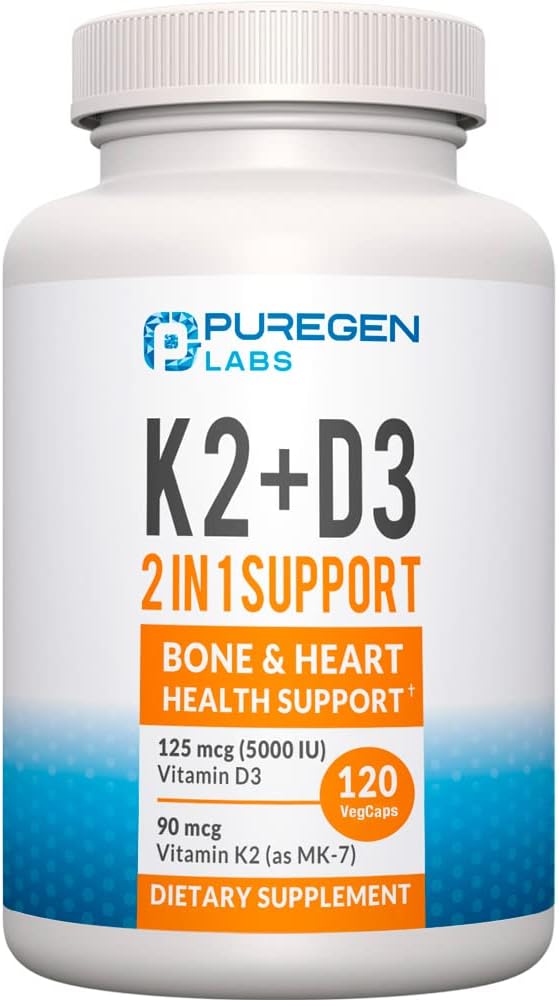 2 en 1 alta potencia Fórmula 90mcg Vitamina K2 (MK7) y 5000 UI Vitamina D3 Suplemento para el Hueso y la Salud cardíaca. Fórmula no GMO, Complejo de vitamina D & K fácil de absorber, 120 cápsulas I 4 meses de suministro