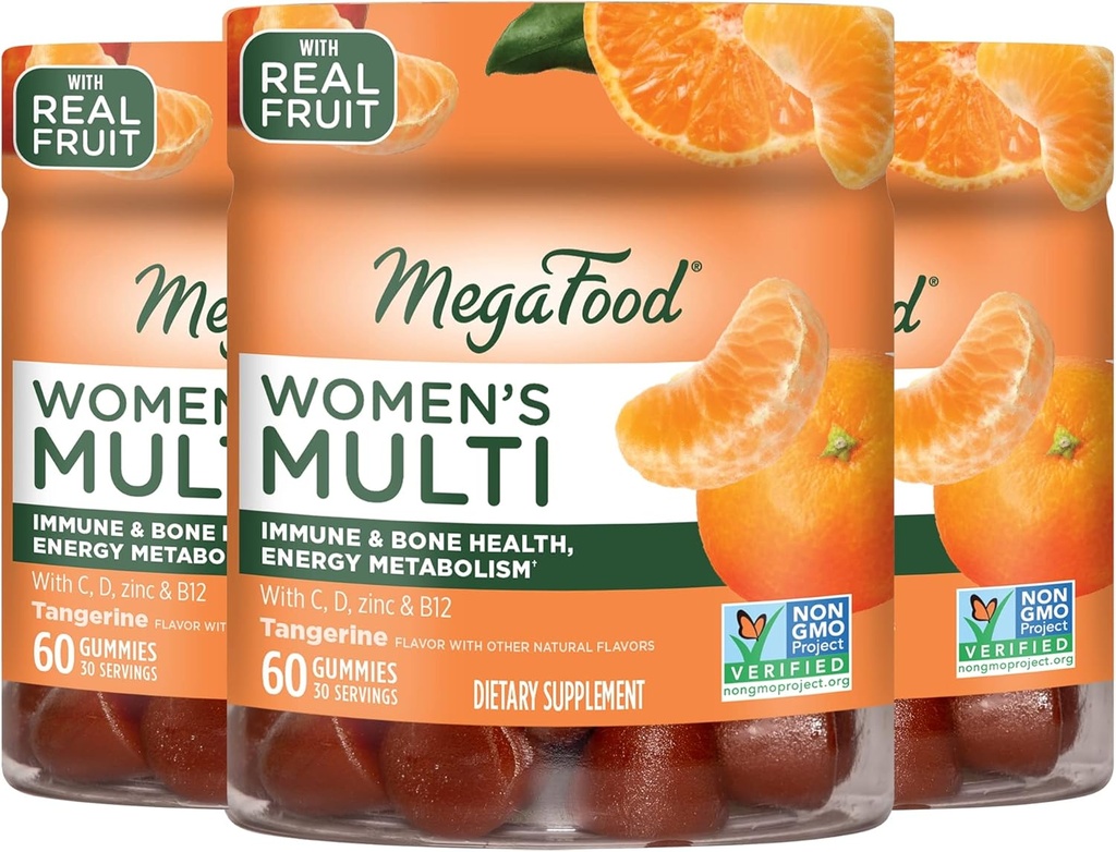MegaFood Women's Multi - Multivitamínico para Mujeres- Vitaminas Gummy- Vitamina C, Vitamina D, Zinc, Vitamina B12 " Choline- Immune Support &quot Bone Health- Vegetarian- Tangerine- 60 Gummies(30 Serviciones) 3 Pack