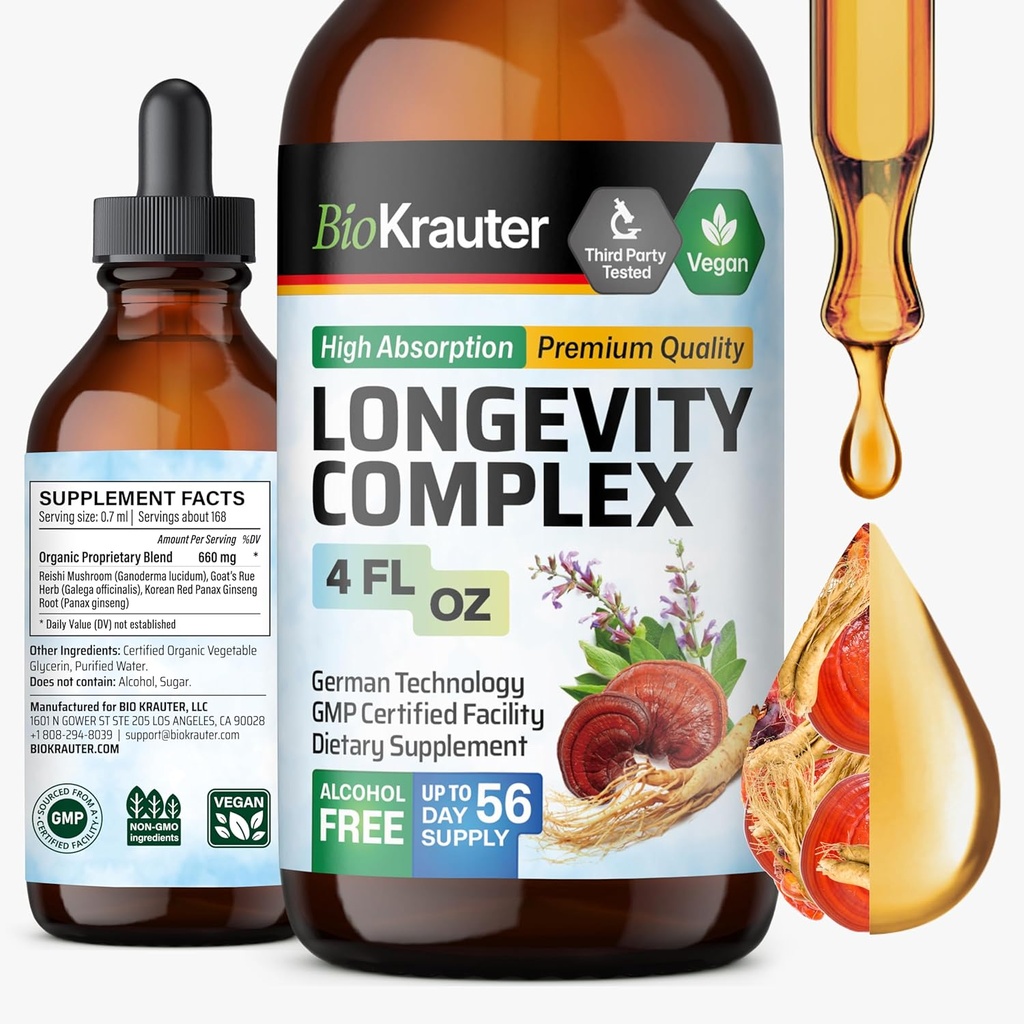 BIO KRAUTER Longevity Mushroom Supplement - Liquid Reishi Mushroom Complex with Goat’s Rue &amp; Red Ginseng Root Extract - Vegan Tincture - Alcohol &amp; Sugar Free Drops 4 Fl.Oz.