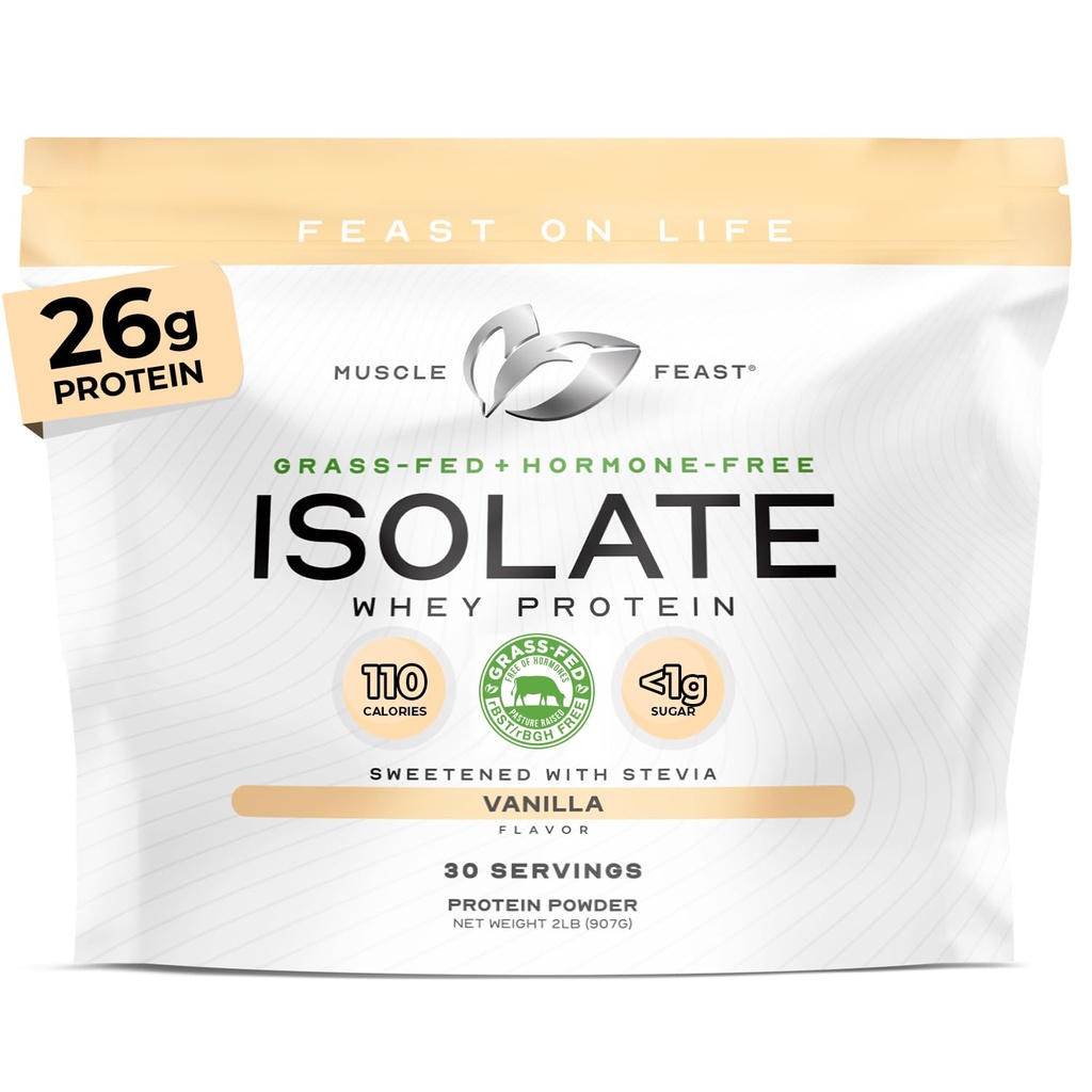 Muscle Feast Grass-Fed Whey Protein Isolate, All Natural Hormone Free Pasture Raised, Whey Isolate Protein Powder for Hombre and Women, Clean, Gluten-Free, Delicious Isolate Protein - Vanilla, 2lb