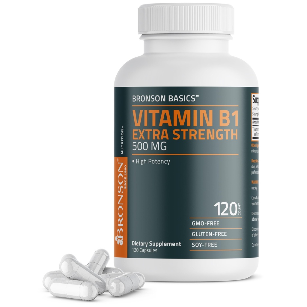 Bronson Vitamina B1 Extra Strength 500 MG High Potency Non-GMO, 120 cápsulas
