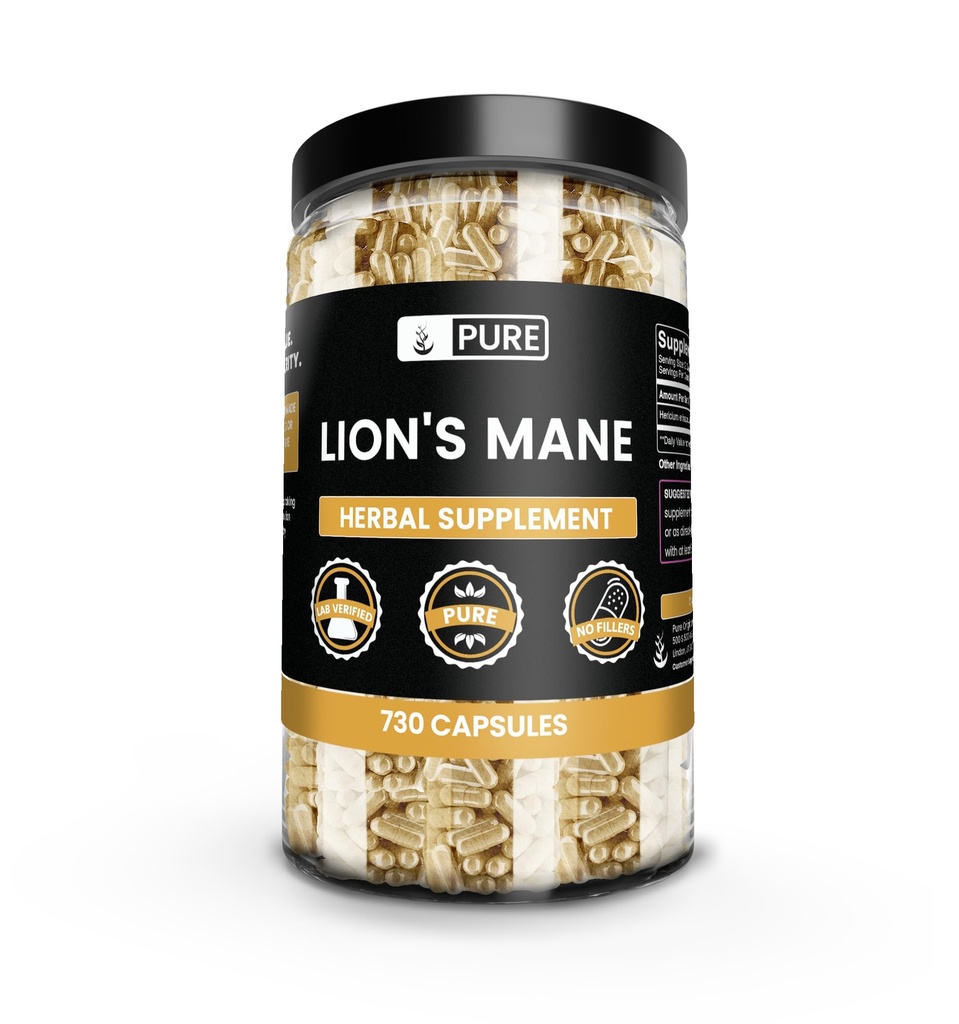 PURE ORIGINAL INGREDIENTES Mane de León (730 capsules) No hay magnesio o rifles de arroz, siempre puro, Verificado