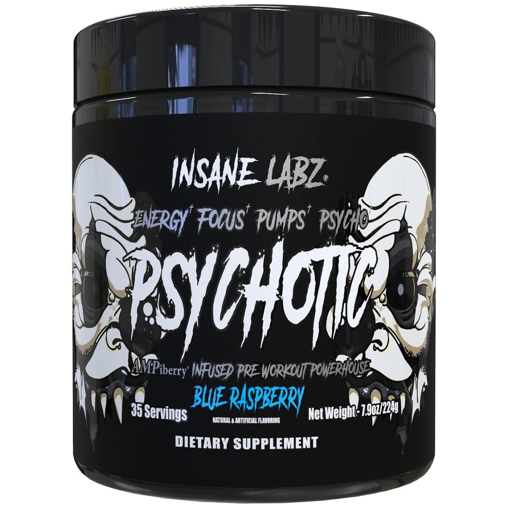 Insane Labz Psychotic Black Edition Mid Stimulant Pre Workout Powder, Energy Focus Pumps, Cargado con Creatine Beta Alanine Taurine Fueled por AMPiberry, 35 Servings (Blue Raspberry)