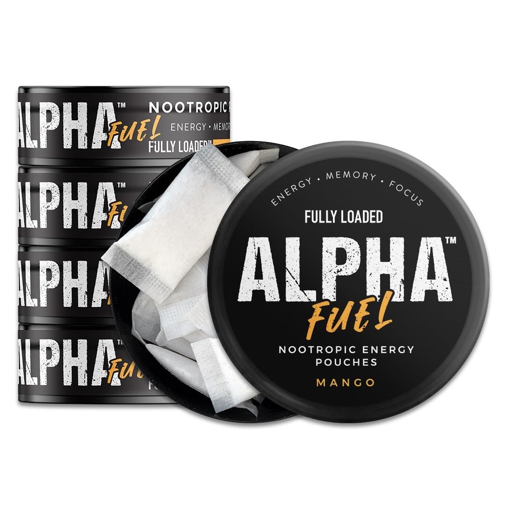 Totalmente cargado Alpha Fuel Nootropic Pouches (Mango Fuel) - 5 latas, 15 bolsas por lata - Pouches de energía que contienen Caffeine y Blend nootropic