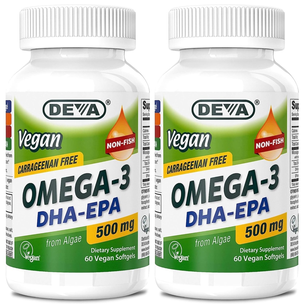 DEVA Vegan Omega-3 DHA-EPA 500MG 2-Pack – No Carrageenan, Aceite no-Fish derivado de Algae, Non-GMO, 60 Gelatin-Free Softgels Ea