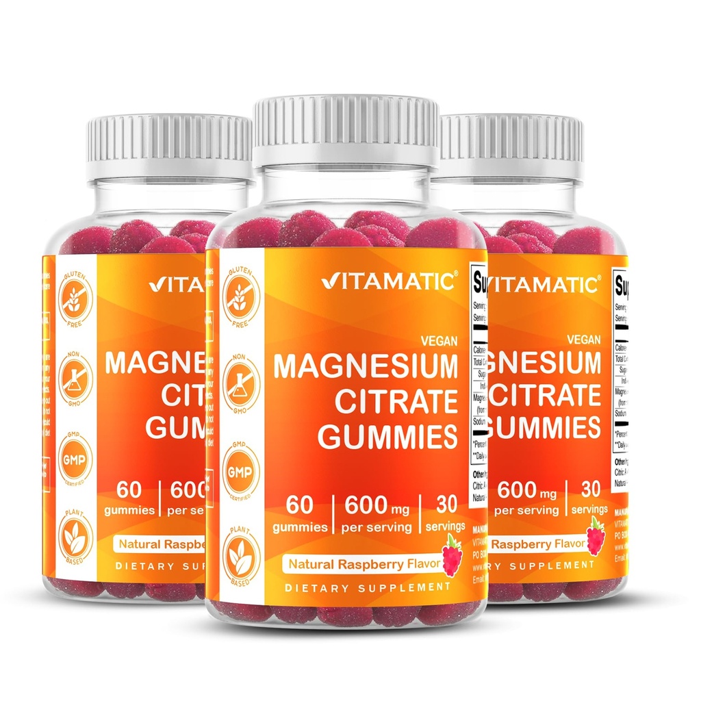 Vitamatic Magnesium Gummies 600mg por Serving – 60 Gummies Vegan – Relax, Muscle, Bone & Energy Support – 3 Pack