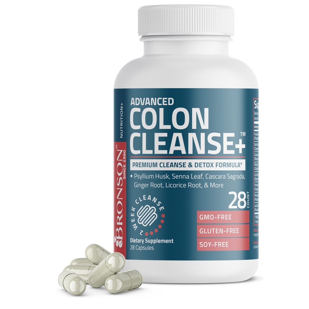 Bronson Advanced Colon Cleanse Premium 14 Day Cleanse & Detox Formula with Psyllium Husk, Senna Leaf, Cascara Sagrada, Ginger Root, Licorice Root &amp; More, Non-GMO, 28 Capsules