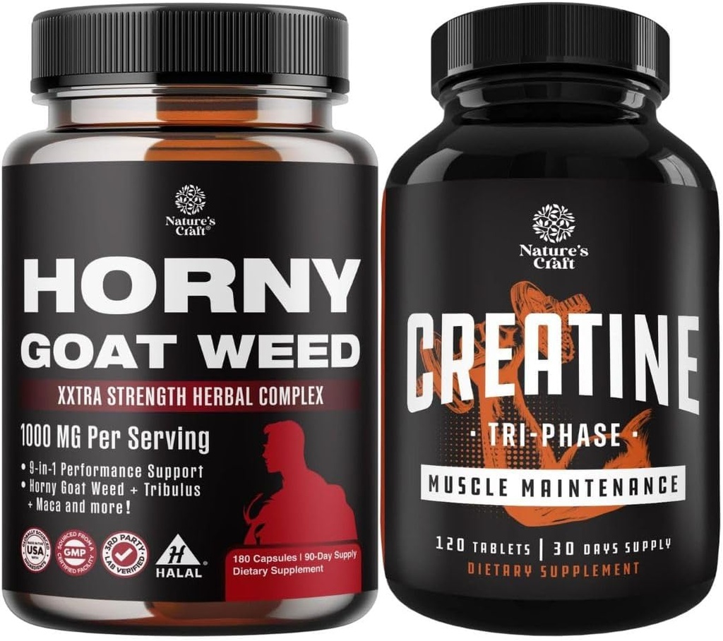 [BRSRAZY2AQPBQFY4] Bundle of Horny Goat Weed with Black Maca Root, Tongkat Ali, Saw Palmetto & Panax Ginseng Extract for Stamina & Energy and Creatine Tablets with Creatine Monohydrate, HCL & Pyruvate Supplement